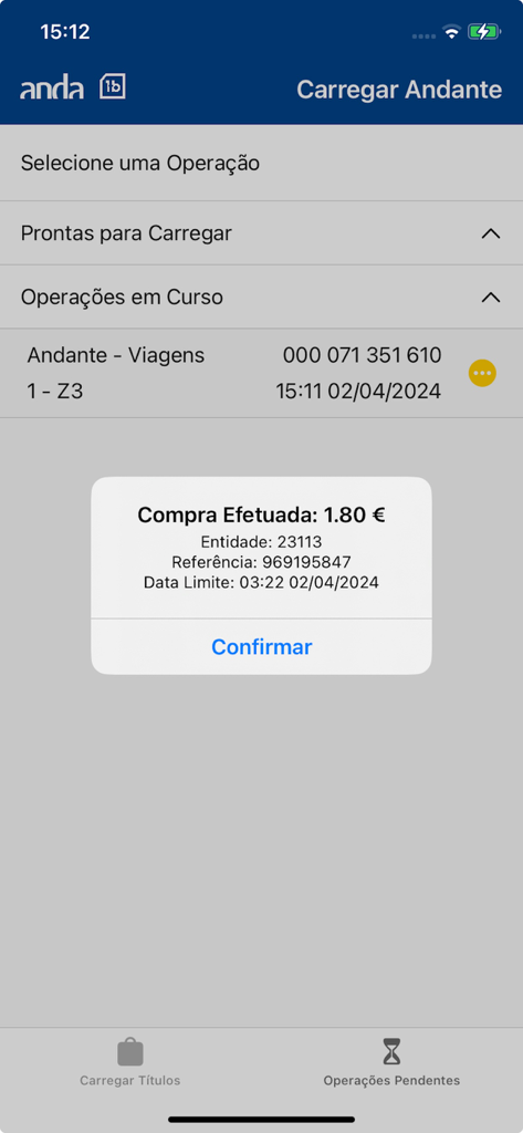 Anda - Anda app screen showing a successful payment confirmation of 1.80 euros for transport tickets