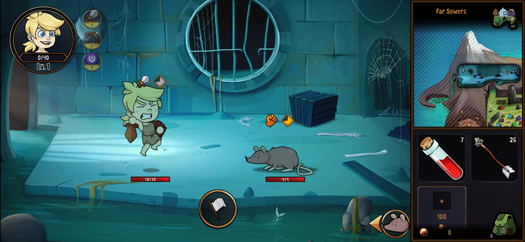 El protagonista, el héroe niño, luchando contra una rata en la ubicación de las Cloacas Lejanas de Hero Tale Idle RPG