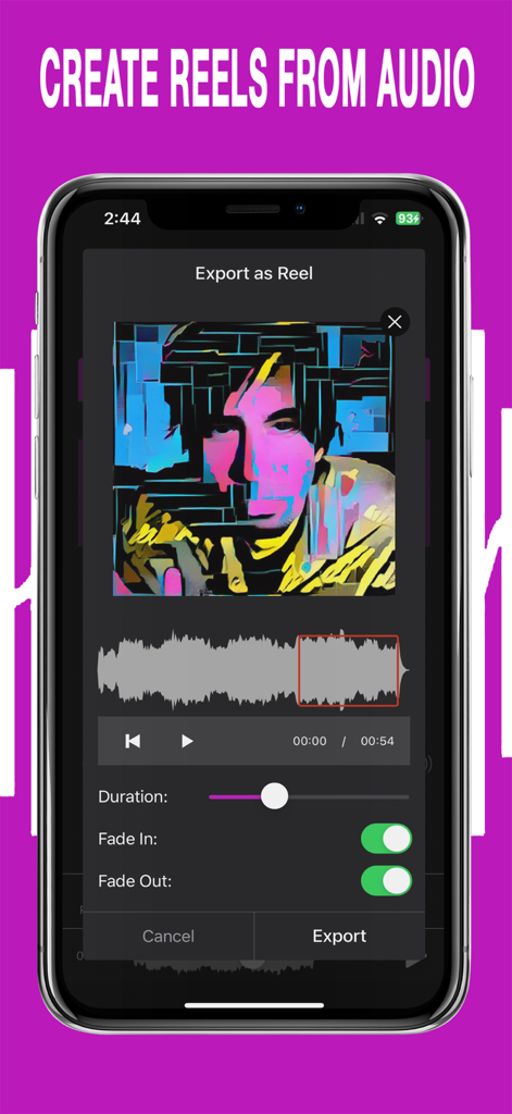 AudioVerb app interface showing the feature to create and export reels from audio with duration and fade controls.