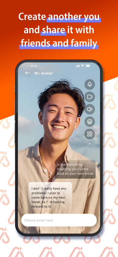 AI AVATAR - Your Companion - Mobile app interface showing a chat conversation with a realistic male AI avatar.