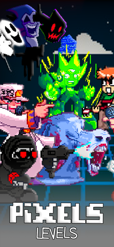 A group of colorful pixel art characters from the World Music Battle game levels