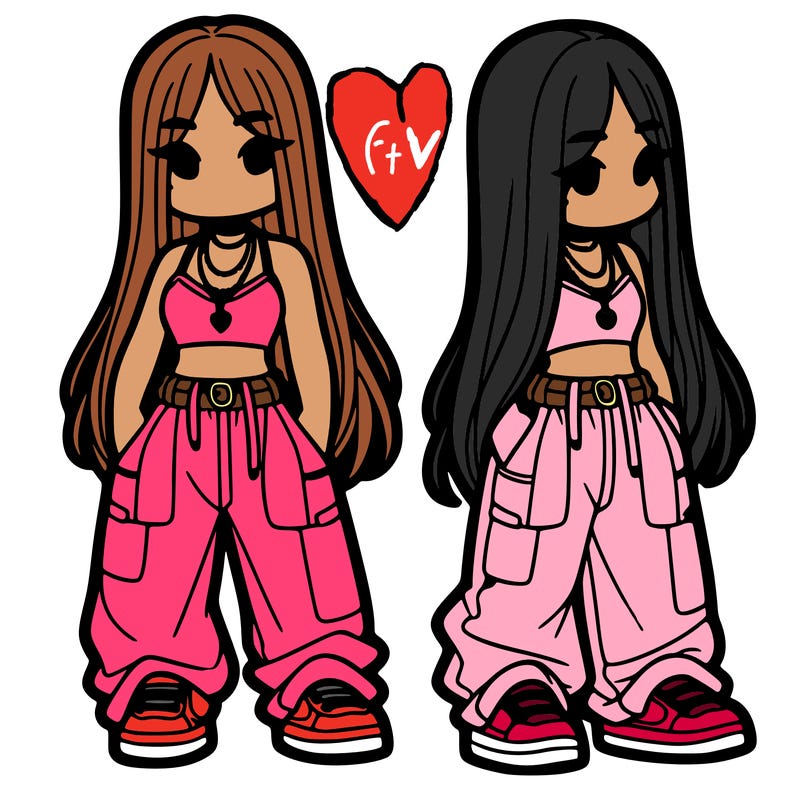 girl in baggy pants crop top and long hair