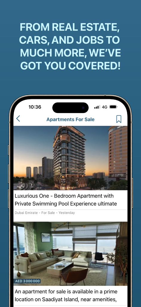 Mourjan app interface showing luxury apartment listings for sale in Dubai