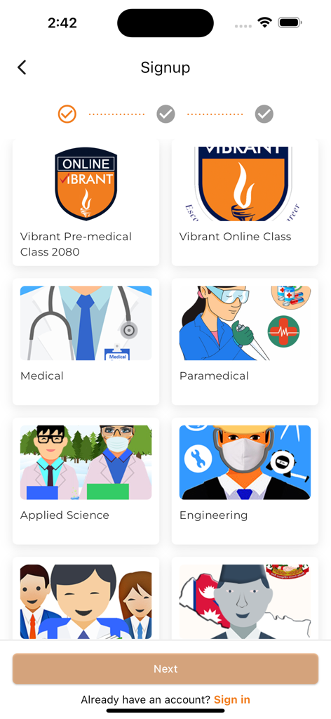 Online Vibrant - Signup screen for the Online Vibrant app showing category options for Medical Paramedical Applied Science and Engineering courses
