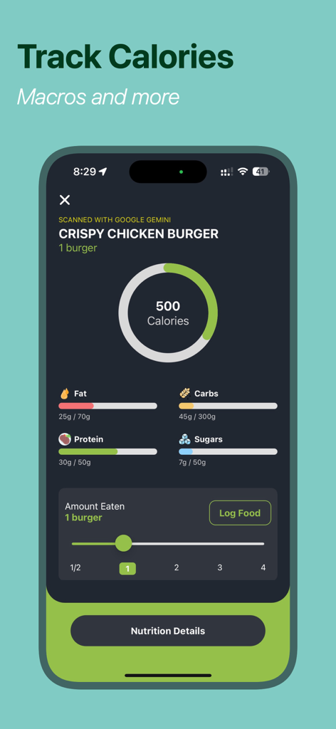Calorie Scan - AI Food Tracker - Calorie Scan app interface displaying calorie count and macronutrient breakdown for a chicken burger