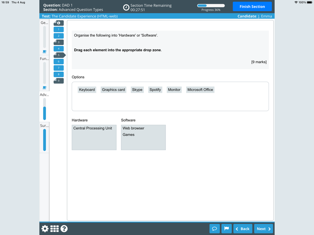 SecureClient - SecureClient app interface showing a drag and drop examination question for hardware and software categorization