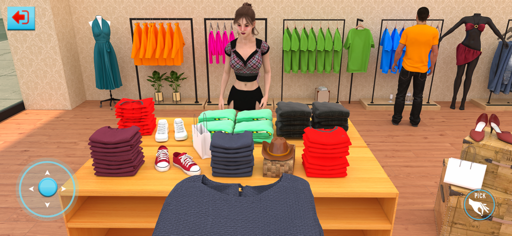 Clothing Store Sim Games 3D - Una simulación 3D del interior de una tienda de ropa con prendas de vestir ordenadas y personajes clientes.