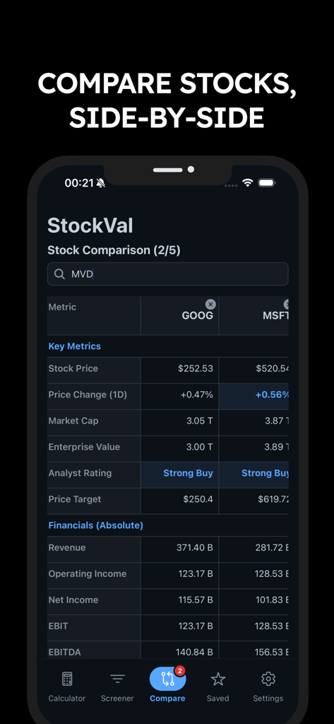 StockVal AI: Fair Value Stocks - StockVal AI app screen showing a side-by-side comparison of financial metrics for Google and Microsoft stocks.