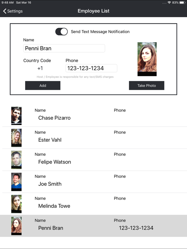 Employee list management screen in the Simple Visitor Log app with options to add hosts and enable text message notifications.