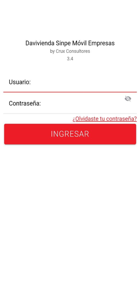 Davivienda SINPE Móvil Empresa - Schermata di accesso all'app aziendale Davivienda SINPE Movil Empresa che mostra i campi nome utente e password