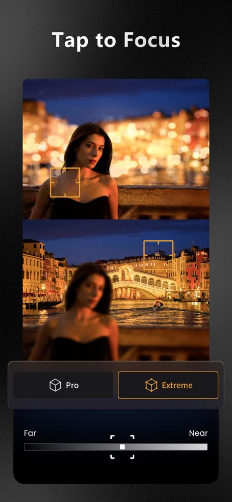 ReLens Camera-DSLR Portrait - Oberfläche zeigt die Tipp-to-Fokus-Funktion mit einem Vergleich von Vordergrund- und Hintergrund-Bokeh-Effekten auf einem Porträt