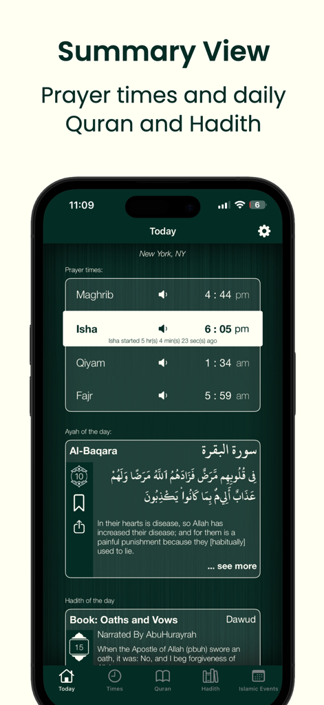 A summary screen of the Prayer Times Qibla Compass Pro app displaying prayer times, daily Quran verses, and Hadith.