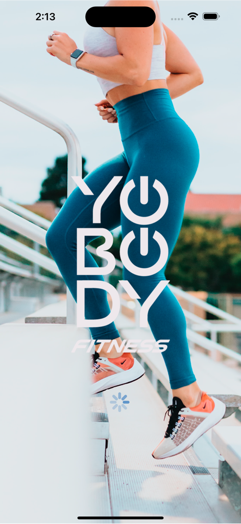 YoBody Fitness app splash screen showing a woman running up stairs