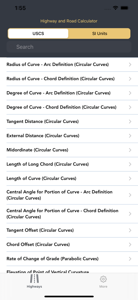 Highways & Roadwork Calculator - Elenco di calcolatori di ingegneria civile per la progettazione di autostrade e lavori stradali.