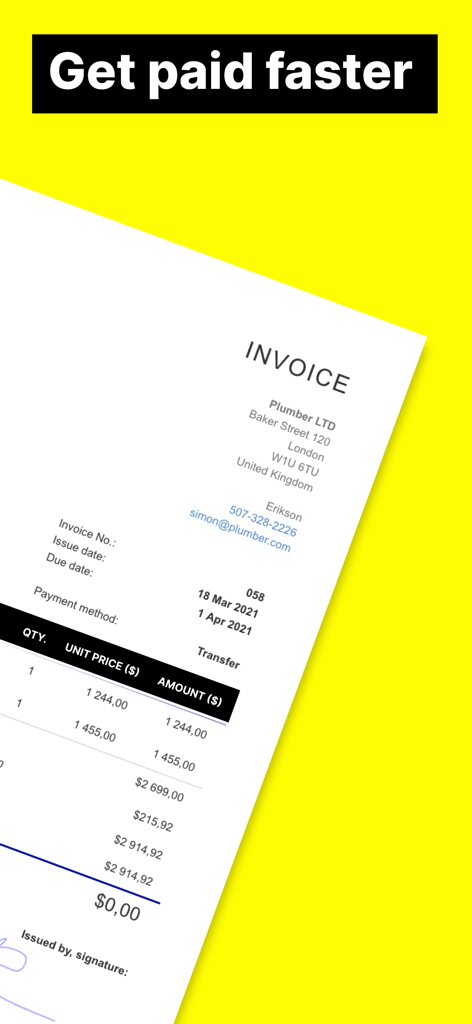 Freebie Invoice Maker - Professional invoice for a plumbing business created with the Freebie Invoice Maker app