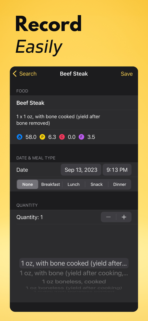 Protein Tracker+ - Interfaz de la aplicación Protein Tracker que muestra una entrada detallada de alimentos para filete de ternera, incluyendo macros y selección de hora de comida.