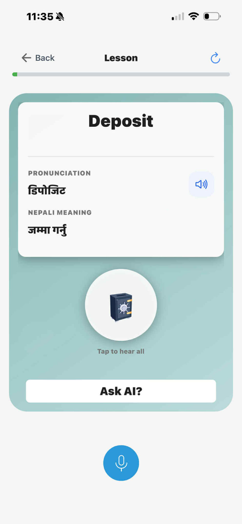 Bhasha App - Bhasha App lesson screen displaying the English word Deposit with its Nepali translation and pronunciation