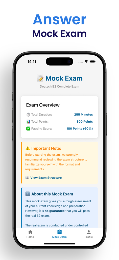 German Exam Prep | B2 Prüfung - Mock exam overview interface for German B2 certification showing test duration and passing requirements
