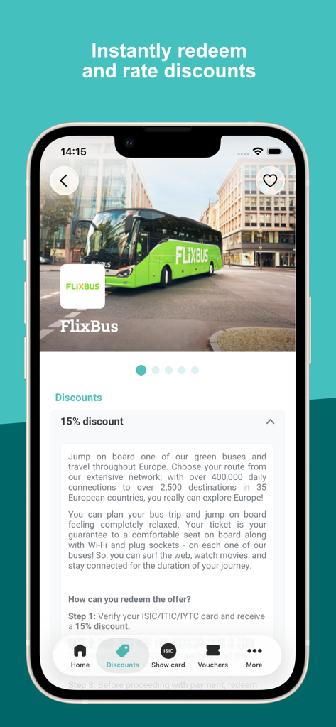 La app ISIC mostrando un descuento del 15 por ciento para estudiantes para viajes en FlixBus con instrucciones de canje.