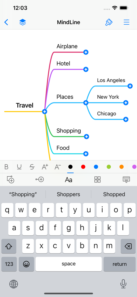 MindLine app interface showing a colorful mind map for travel planning with branches for transport and destinations
