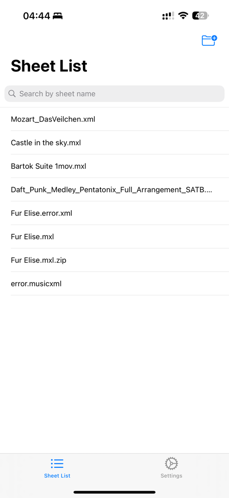 SheetViewer:Staff(Music)Reader - Sheet List interface in SheetViewer showing a list of MusicXML score files