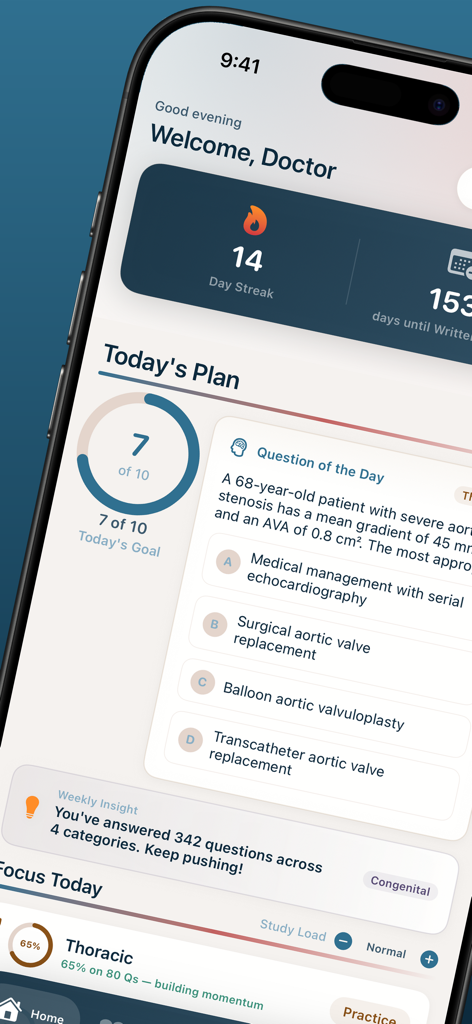 TSRA App dashboard for thoracic surgery residents showing study progress and daily question of the day