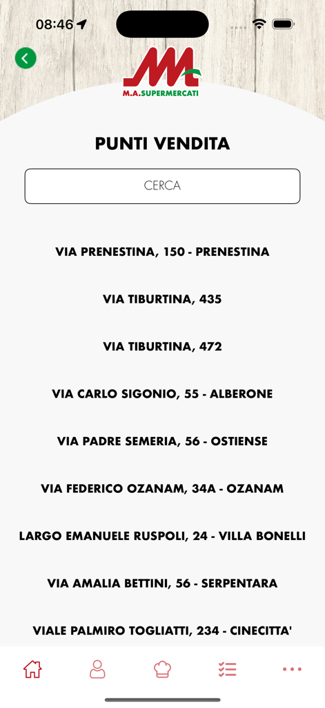 Localizzatore di negozi MA Supermercati che mostra un elenco di indirizzi dei negozi