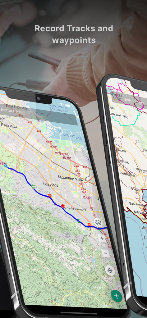 Two smartphones displaying topographic maps with recorded tracks and waypoints in the BackCountry Navigator XE app