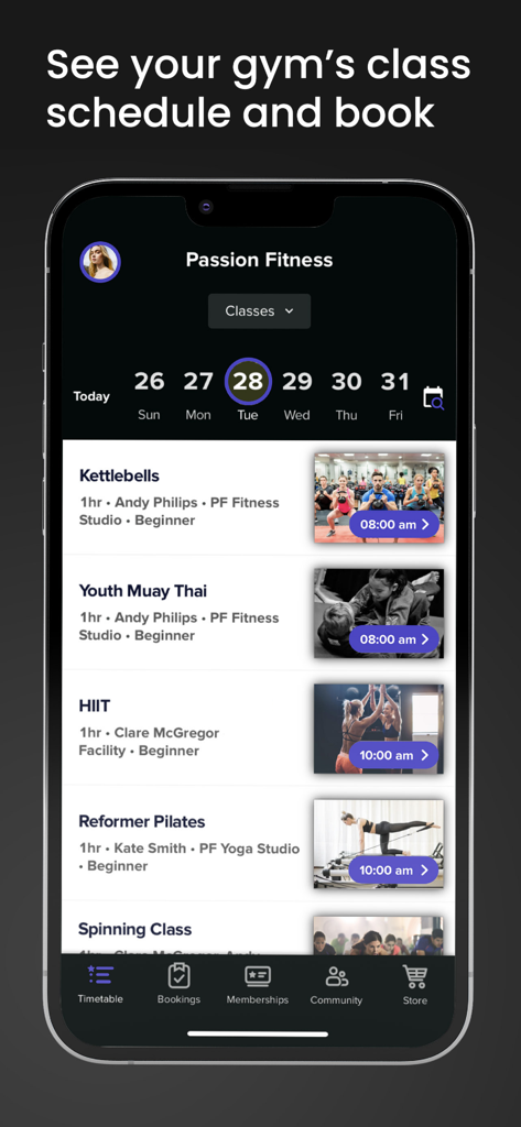 Glofox - L'app Glofox mostra un orario delle lezioni di palestra per la prenotazione di sessioni di fitness.