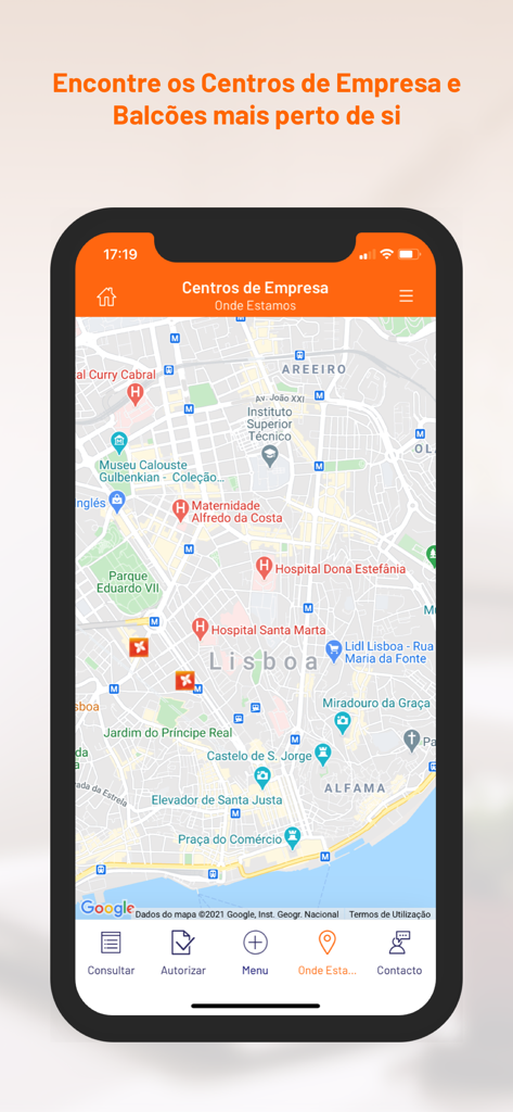Tela do aplicativo BPI Empresas mostrando um mapa de agências bancárias e centros de negócios em Lisboa