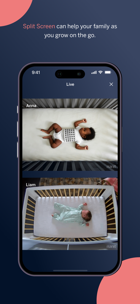 Nanit - Vue en écran partagé de deux bébés dans l'application Nanit
