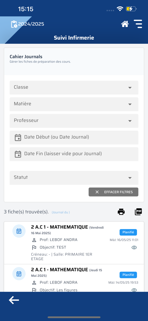 G-EcolePlus - Pantalla móvil de la aplicación G-EcolePlus que muestra un diario de lecciones y filtros de horario de clases