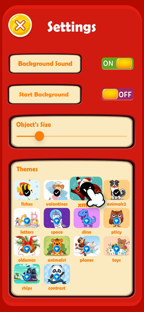 Baby rattle games: Kids lock - Settings screen for Baby rattle games app showing various interactive themes and sound controls