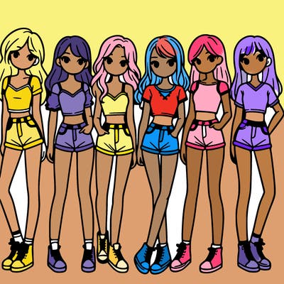a group of girls wearing crop tops and shorts