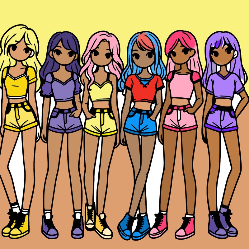 a group of girls wearing crop tops and shorts