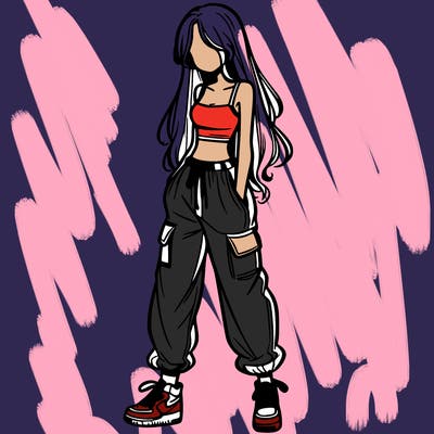 girl in baggy pants crop top and long hair