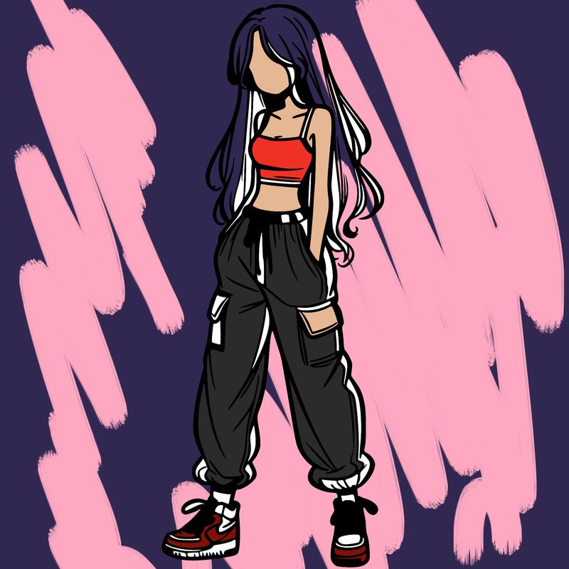 girl in baggy pants crop top and long hair