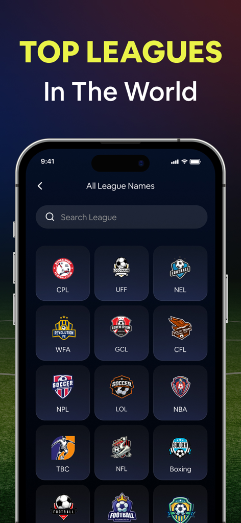 Live Football TV : HD TV Score - Mobile app screen showing a search bar and a grid of top international sports leagues including soccer and NFL.