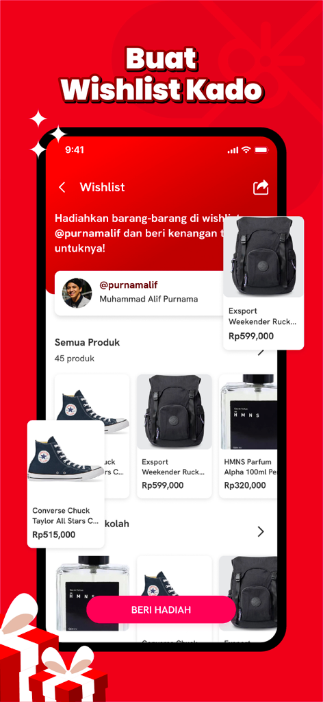 Kenangan.com - Écran de liste de souhaits de l'application Kenangan montrant divers articles cadeaux comme des chaussures et des sacs