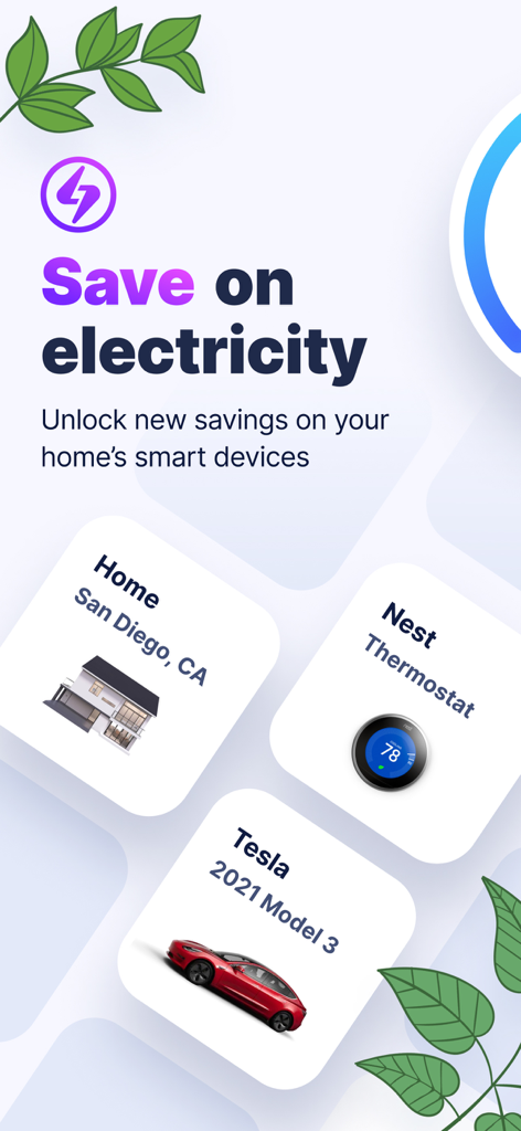 Optiwatt app screen showing electricity savings for smart home devices like Tesla EVs and Nest thermostats