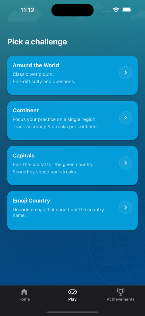 World Quiz and Emojis - Menú de selección de desafíos de la aplicación World Quiz and Emojis mostrando varios modos de juego de geografía.