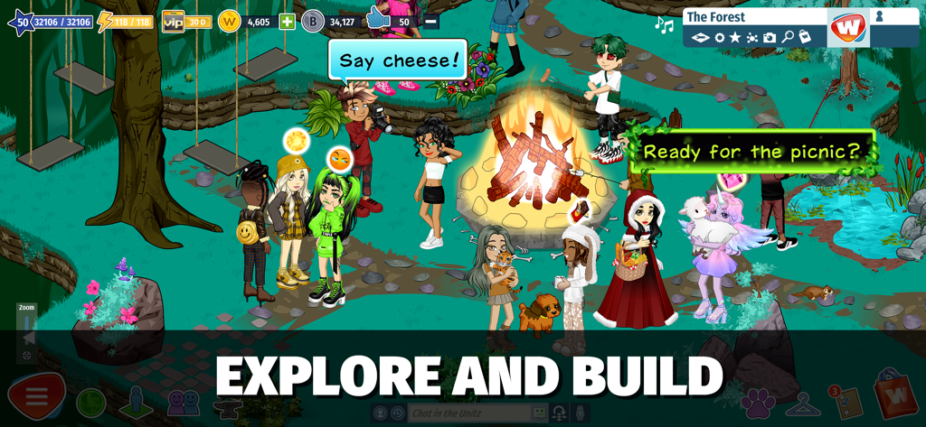 Avatars gathering around a bonfire in a forest setting in Woozworld with the text Explore and Build