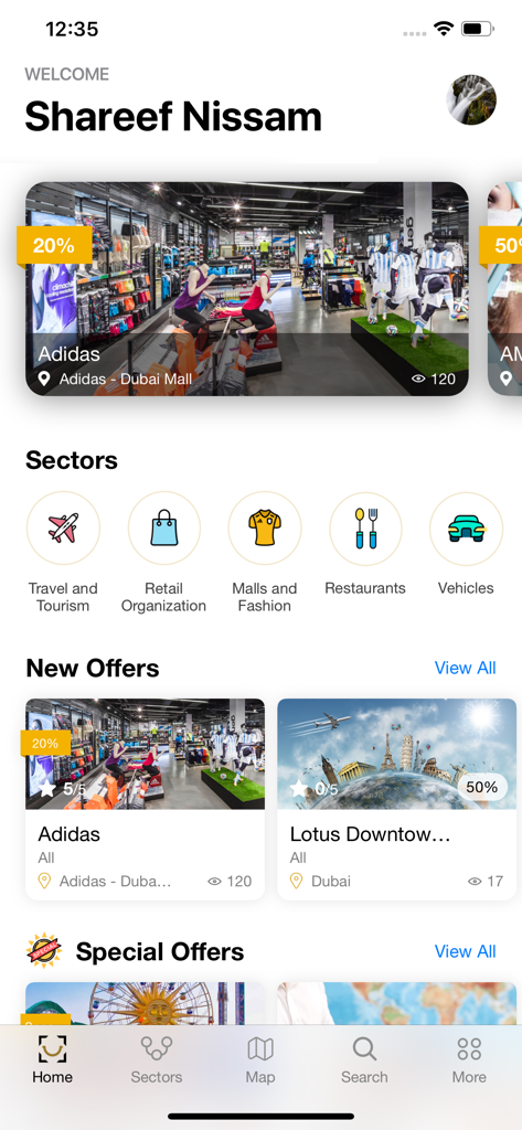 ALSAADA - Home screen of the ALSAADA loyalty app showing featured retail discounts and category icons for travel, shopping, and dining in Dubai.