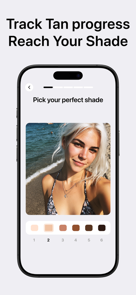 Sunglow: Tanning, Rayz Tracker - Smartphone-Bildschirm, der die Sunglow-App-Oberfläche zum Verfolgen des Bräunungsfortschritts und zur Auswahl eines Zielhauttons zeigt.