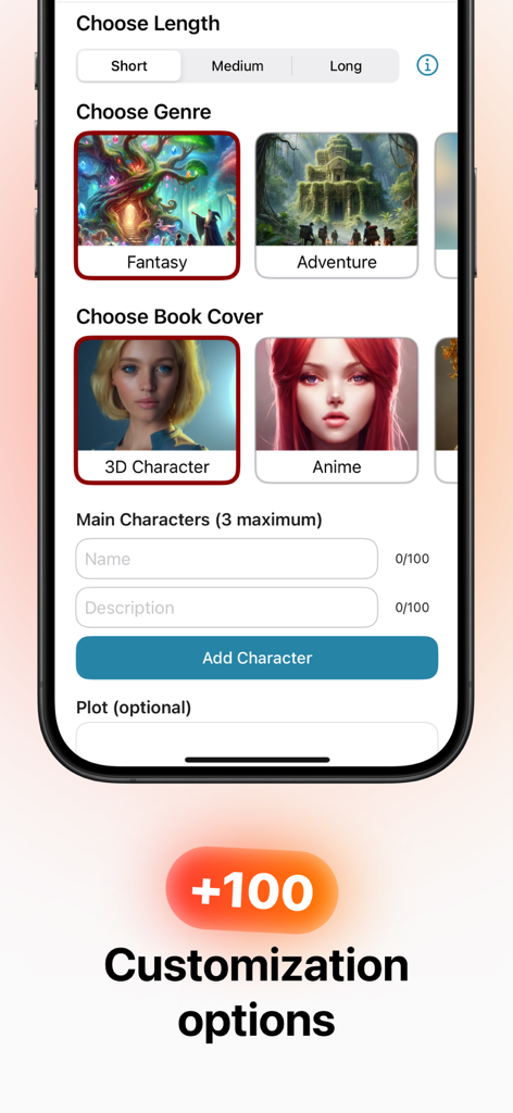 Poetry AI: Poem Writing - Interfaz de la aplicación AI Story Writer que muestra opciones de personalización para la longitud de la historia, género, portada del libro y detalles del personaje