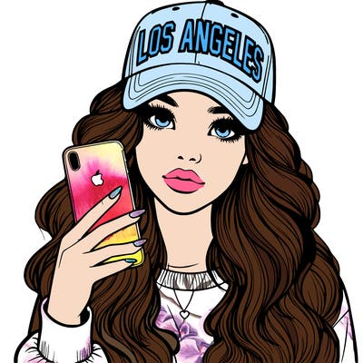 realistic beautiful girl wearing los ángeles cap holding an iphone
