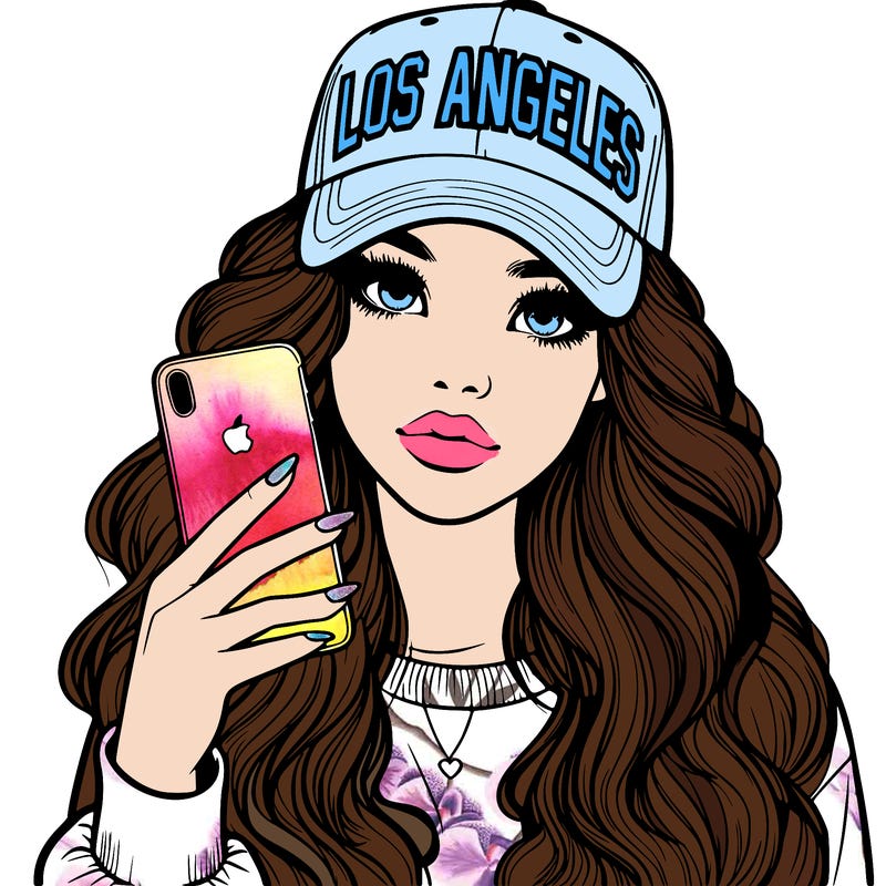 realistic beautiful girl wearing los ángeles cap holding an iphone