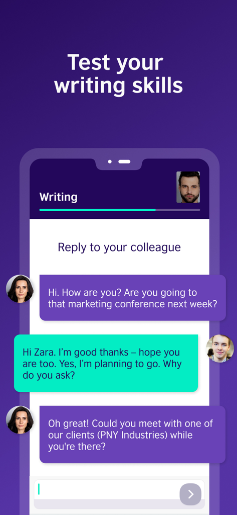 EnglishScore - ワークプレイスのライティングスキルテストシミュレーション用のEnglishScoreアプリインターフェース