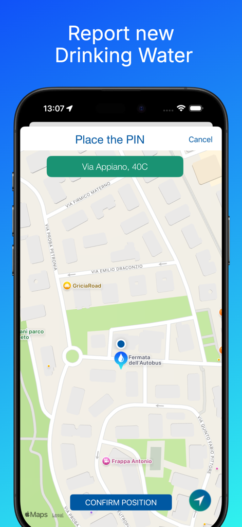 Interfaz de mapa en la aplicación Aguas Potables para reportar la ubicación de una nueva fuente de agua