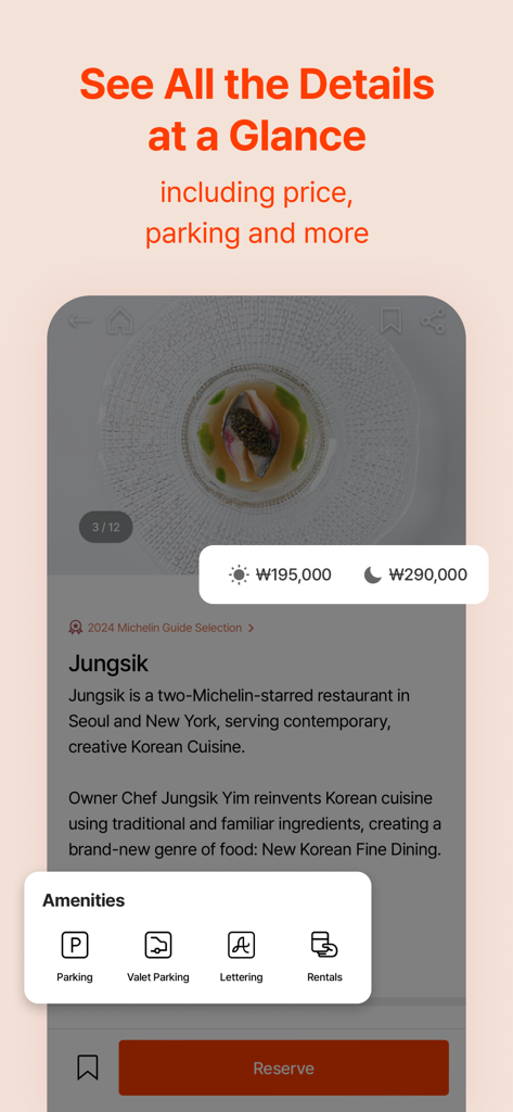 Catch Table mobile app showing restaurant information and amenities